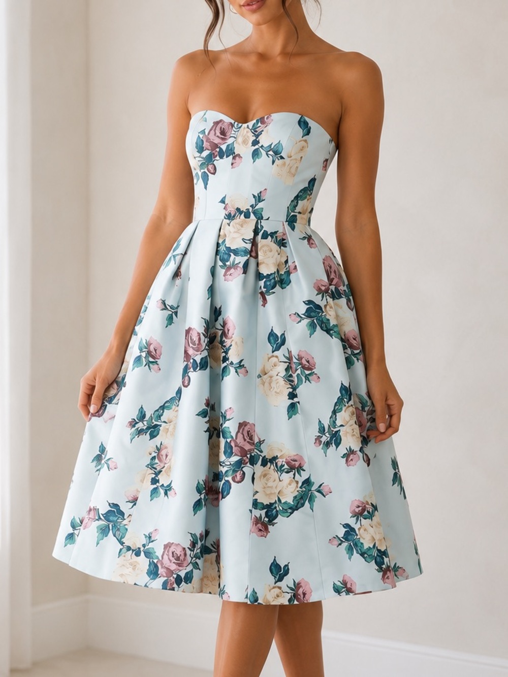 Chi Chi London Floral Bandeau Midi Dress UK 10 US 6 Strapless Fit & Flare Tahani